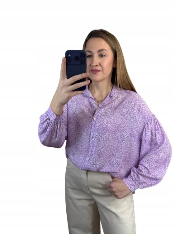 Luźna fioletowa koszula oversize cętki panterka 100% wiskoza kołnierzyk- PANTHER BLOOM