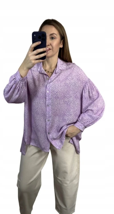 Luźna fioletowa koszula oversize cętki panterka 100% wiskoza kołnierzyk- PANTHER BLOOM