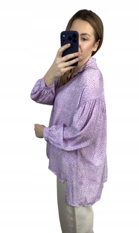 Luźna fioletowa koszula oversize cętki panterka 100% wiskoza kołnierzyk- PANTHER BLOOM