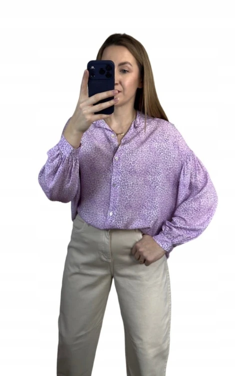 Luźna fioletowa koszula oversize cętki panterka 100% wiskoza kołnierzyk- PANTHER BLOOM