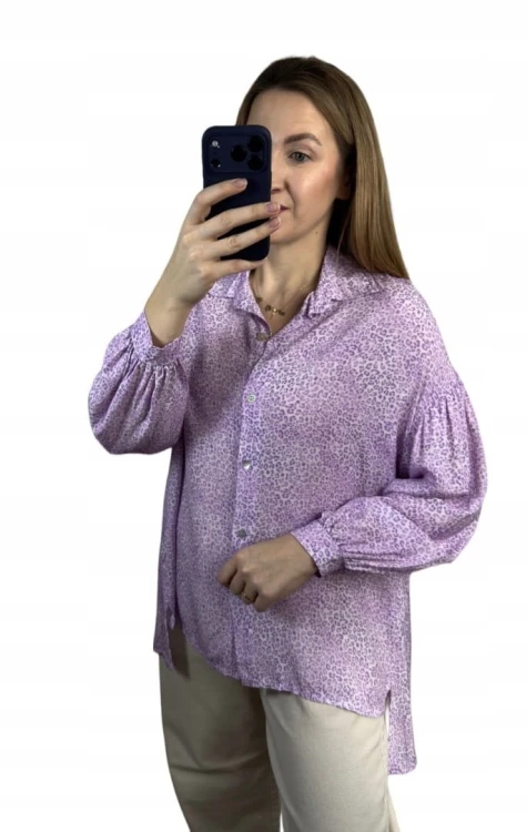 Luźna fioletowa koszula oversize cętki panterka 100% wiskoza kołnierzyk- PANTHER BLOOM