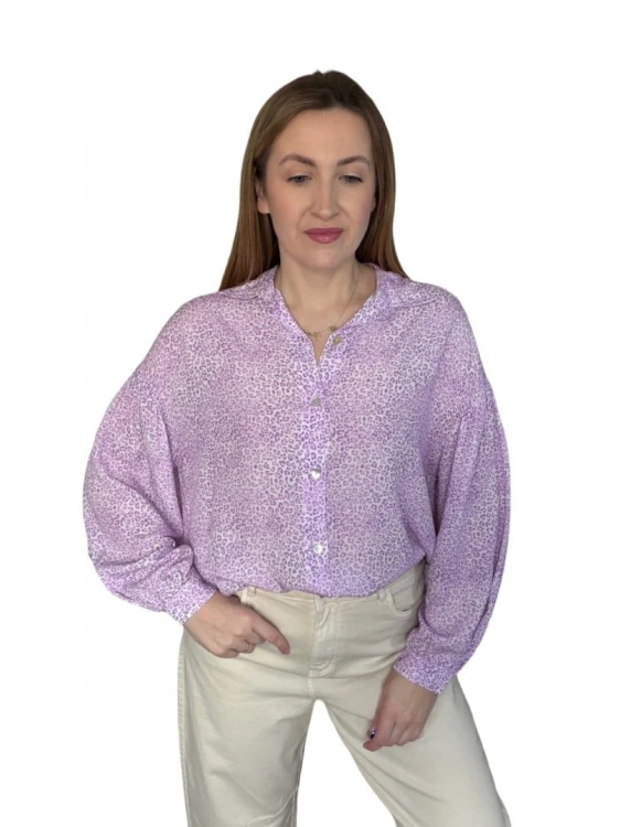 Luźna fioletowa koszula oversize cętki panterka 100% wiskoza kołnierzyk- PANTHER BLOOM