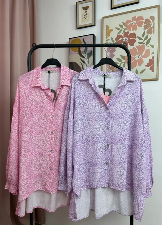 Luźna fioletowa koszula oversize cętki panterka 100% wiskoza kołnierzyk- PANTHER BLOOM