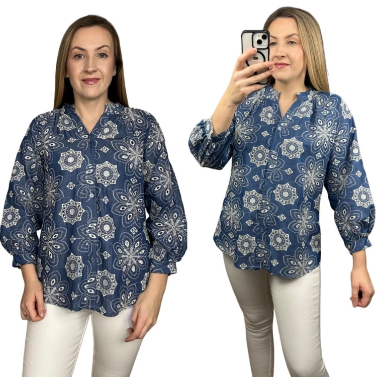 Luźna koszula ażurowa wzorzysta ze stójką szersze rękawy Made in Italy