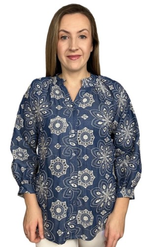 Luźna koszula ażurowa wzorzysta ze stójką szersze rękawy Made in Italy