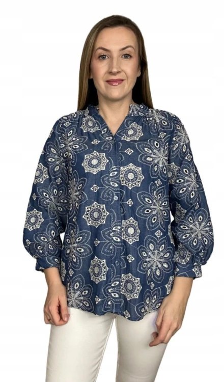 Luźna koszula ażurowa wzorzysta ze stójką szersze rękawy Made in Italy