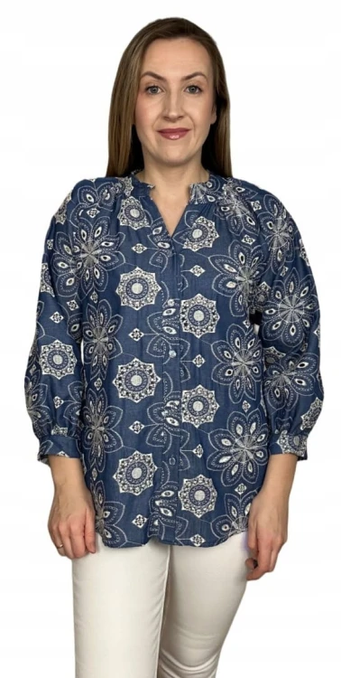 Luźna koszula ażurowa wzorzysta ze stójką szersze rękawy Made in Italy