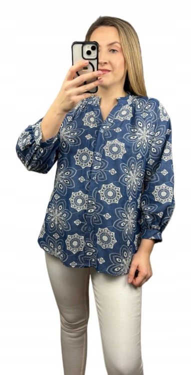 Luźna koszula ażurowa wzorzysta ze stójką szersze rękawy Made in Italy