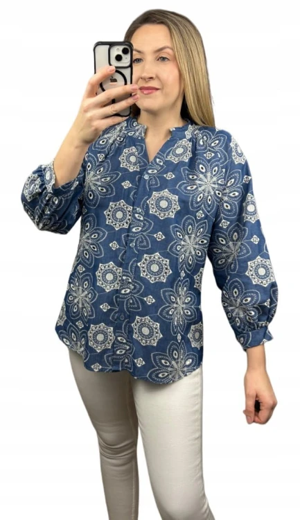 Luźna koszula ażurowa wzorzysta ze stójką szersze rękawy Made in Italy