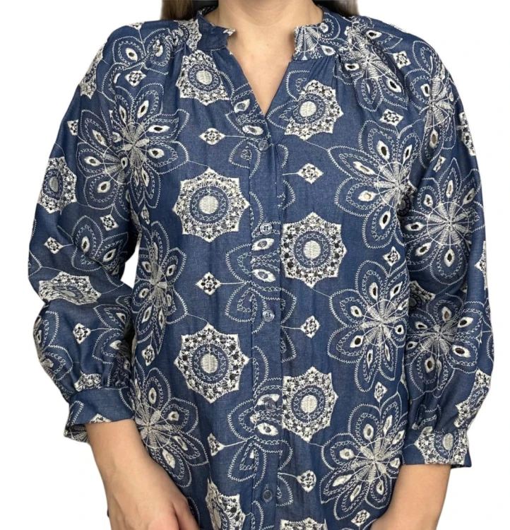 Luźna koszula ażurowa wzorzysta ze stójką szersze rękawy Made in Italy