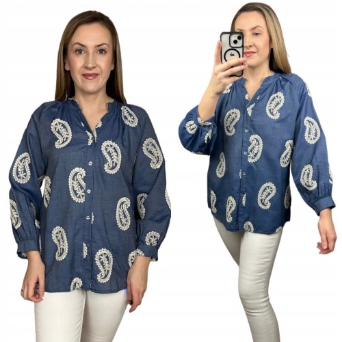 Luźna koszula ażurowa wzorzysta ze stójką szersze rękawy Made in Italy