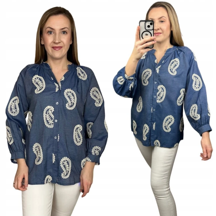 Luźna koszula ażurowa wzorzysta ze stójką szersze rękawy Made in Italy