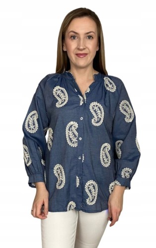 Luźna koszula ażurowa wzorzysta ze stójką szersze rękawy Made in Italy