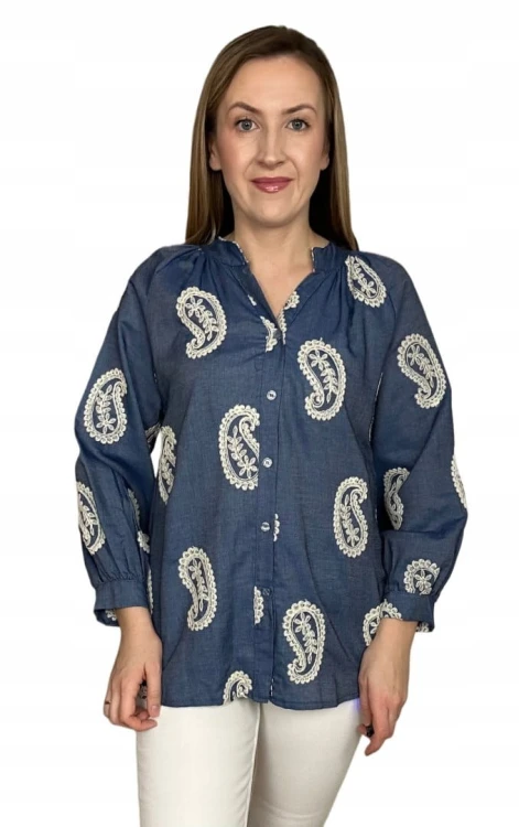 Luźna koszula ażurowa wzorzysta ze stójką szersze rękawy Made in Italy