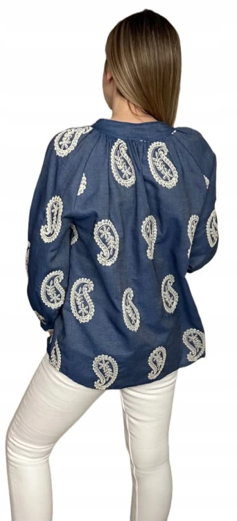 Luźna koszula ażurowa wzorzysta ze stójką szersze rękawy Made in Italy