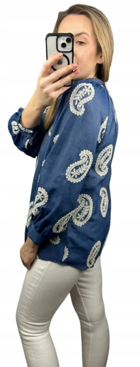 Luźna koszula ażurowa wzorzysta ze stójką szersze rękawy Made in Italy