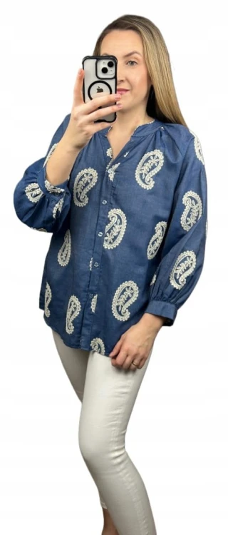 Luźna koszula ażurowa wzorzysta ze stójką szersze rękawy Made in Italy