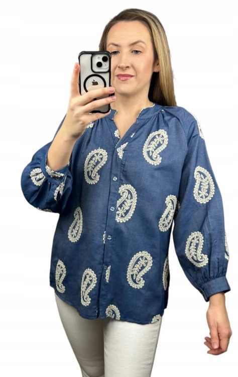 Luźna koszula ażurowa wzorzysta ze stójką szersze rękawy Made in Italy