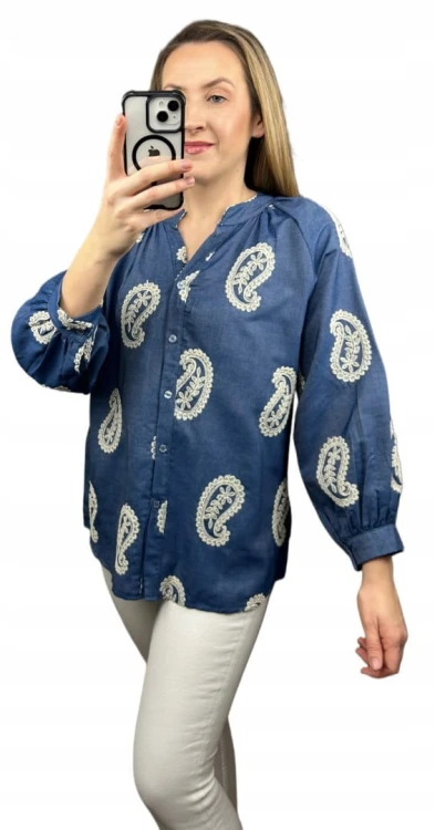 Luźna koszula ażurowa wzorzysta ze stójką szersze rękawy Made in Italy