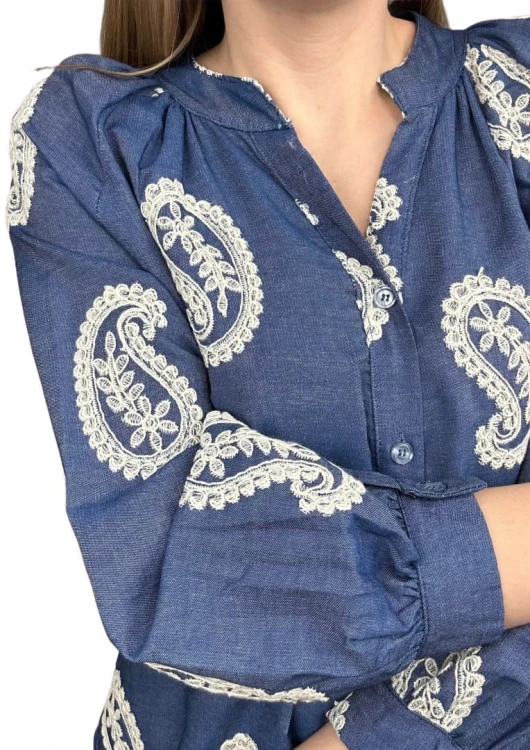 Luźna koszula ażurowa wzorzysta ze stójką szersze rękawy Made in Italy