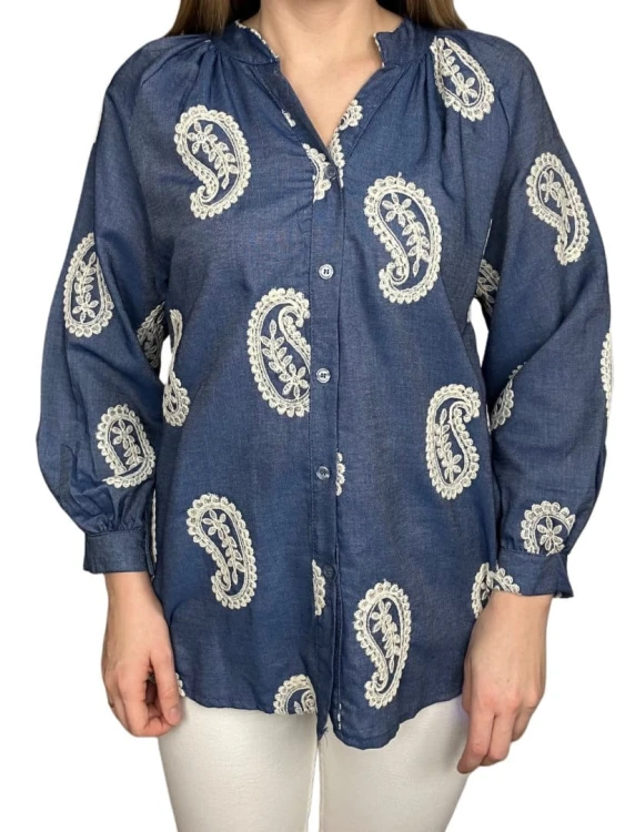 Luźna koszula ażurowa wzorzysta ze stójką szersze rękawy Made in Italy