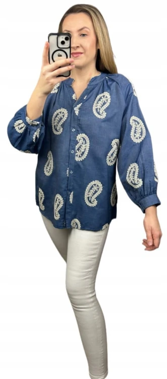 Luźna koszula ażurowa wzorzysta ze stójką szersze rękawy Made in Italy