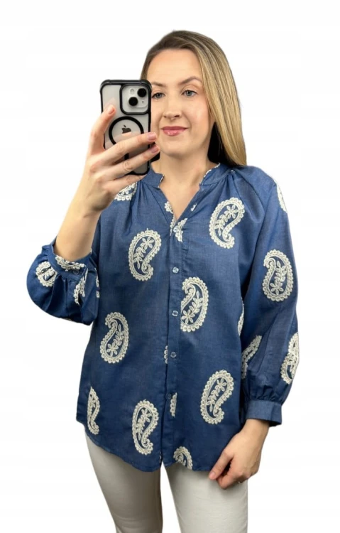 Luźna koszula ażurowa wzorzysta ze stójką szersze rękawy Made in Italy