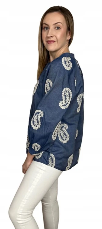 Luźna koszula ażurowa wzorzysta ze stójką szersze rękawy Made in Italy