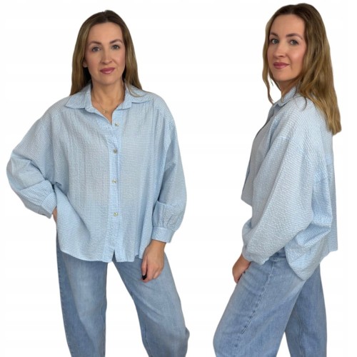 Luźna koszula bawełniana oversize w kratę niebieska biała h-Trend -VELLA CHECK