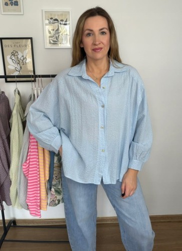 Luźna koszula bawełniana oversize w kratę niebieska biała h-Trend -VELLA CHECK