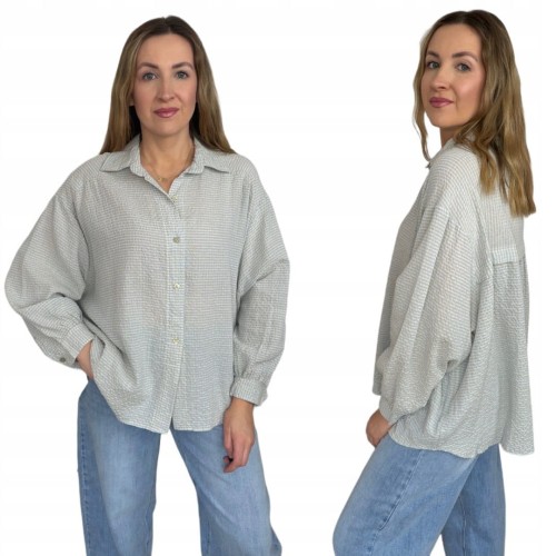 Luźna koszula bawełniana oversize w kratę niebieska zielona h-Trend- VELLA CHECK
