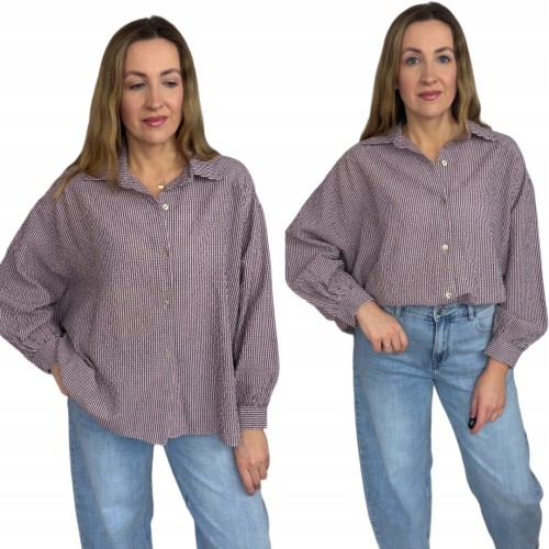 Luźna koszula bawełniana oversize w kratę różowa fioletowa h-Trend -VELLA CHECK