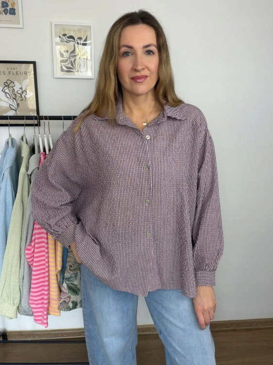 Luźna koszula bawełniana oversize w kratę różowa fioletowa h-Trend -VELLA CHECK