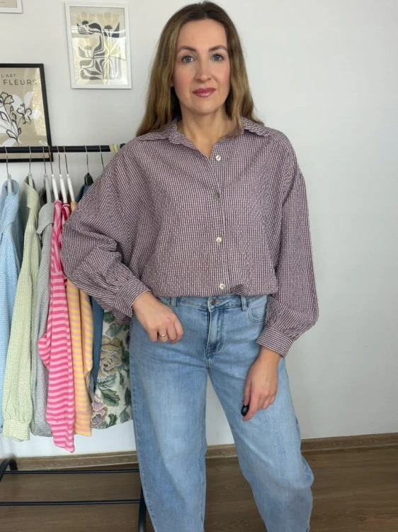 Luźna koszula bawełniana oversize w kratę różowa fioletowa h-Trend -VELLA CHECK