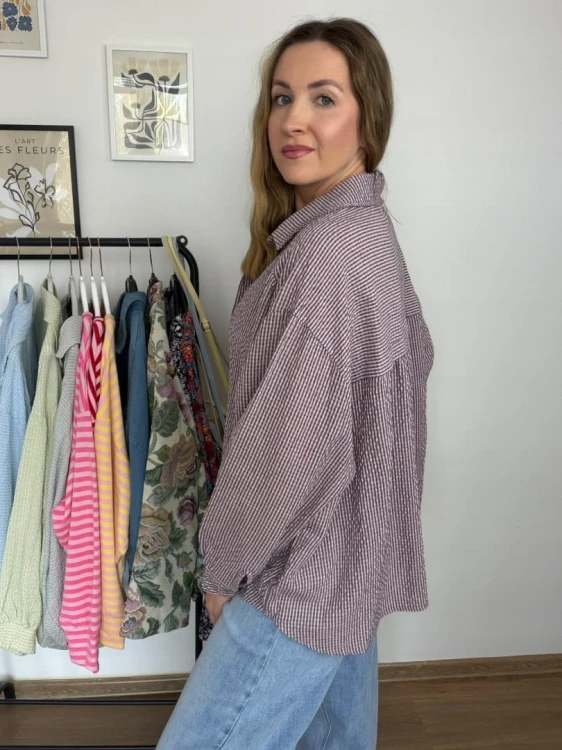 Luźna koszula bawełniana oversize w kratę różowa fioletowa h-Trend -VELLA CHECK