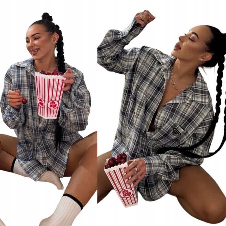 Luźna koszula flanelowa bawełniana w kratę niebieska oversize La Milla