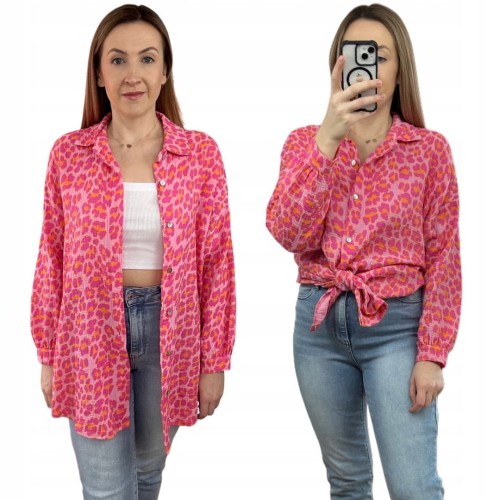 Luźna koszula muślinowa w panterkę cętki oversize muślin różowa pomarańcz