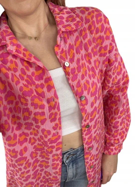 Luźna koszula muślinowa w panterkę cętki oversize muślin różowa pomarańcz