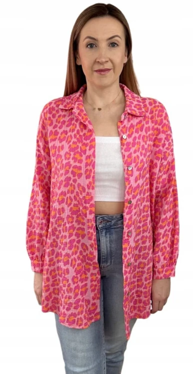 Luźna koszula muślinowa w panterkę cętki oversize muślin różowa pomarańcz