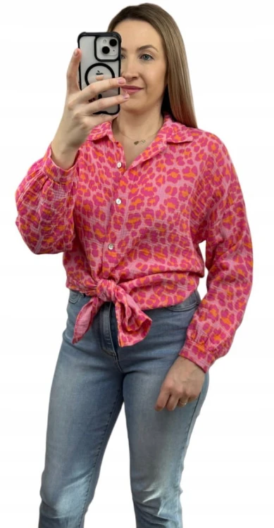 Luźna koszula muślinowa w panterkę cętki oversize muślin różowa pomarańcz