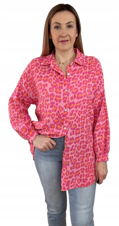 Luźna koszula muślinowa w panterkę cętki oversize muślin różowa pomarańcz