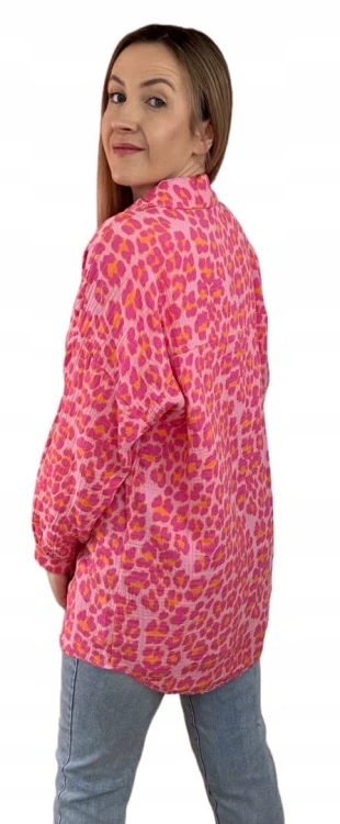 Luźna koszula muślinowa w panterkę cętki oversize muślin różowa pomarańcz