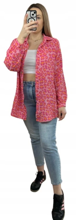 Luźna koszula muślinowa w panterkę cętki oversize muślin różowa pomarańcz