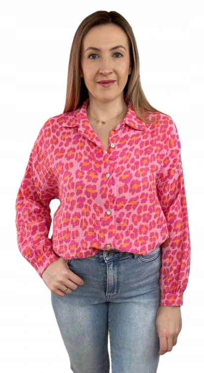 Luźna koszula muślinowa w panterkę cętki oversize muślin różowa pomarańcz