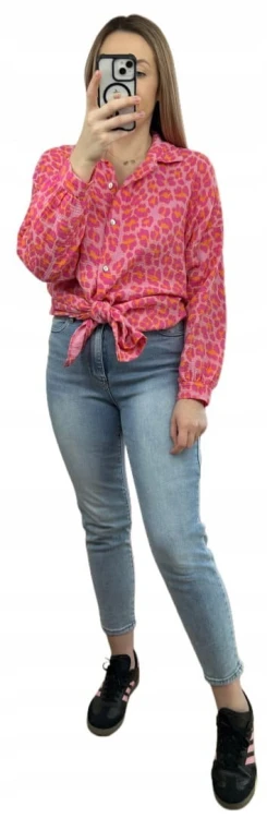 Luźna koszula muślinowa w panterkę cętki oversize muślin różowa pomarańcz