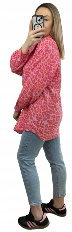 Luźna koszula muślinowa w panterkę cętki oversize muślin różowa pomarańcz