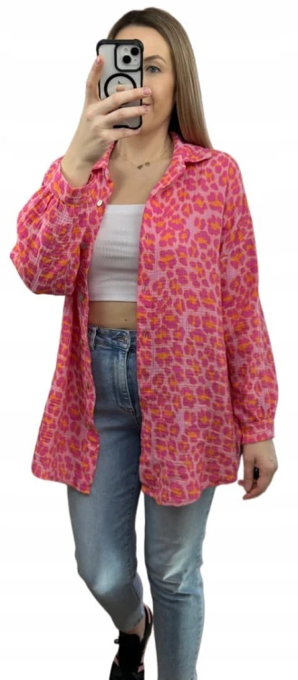 Luźna koszula muślinowa w panterkę cętki oversize muślin różowa pomarańcz