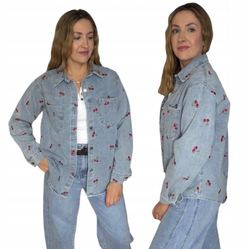 Luźna niebieska katana koszula jeansowa oversize wiśnie haft- CHERRY DREAM