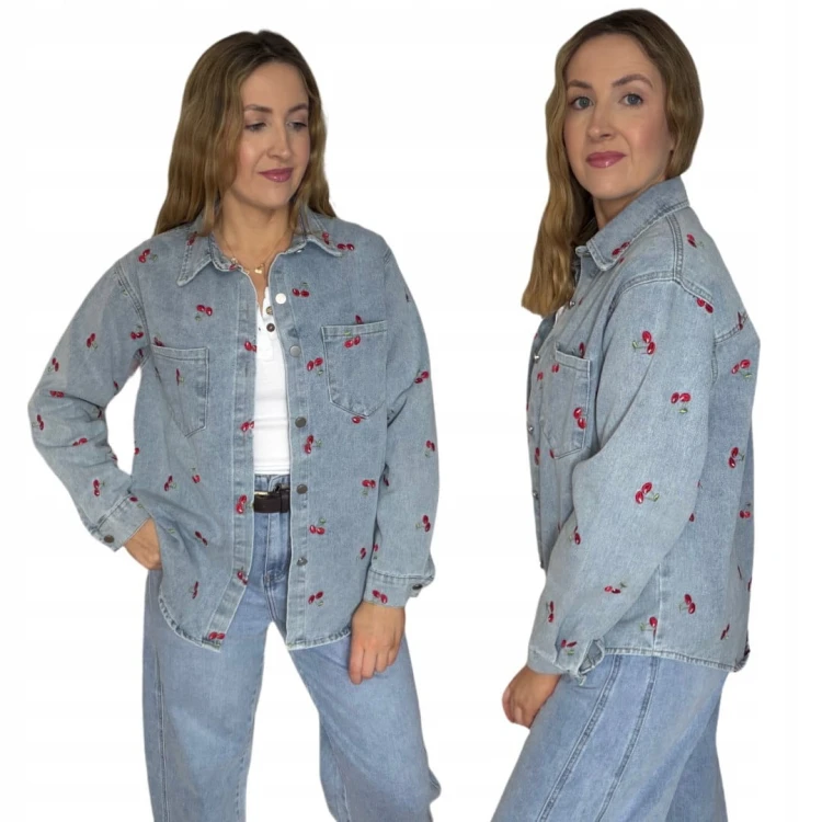 Luźna niebieska katana koszula jeansowa oversize wiśnie haft- CHERRY DREAM