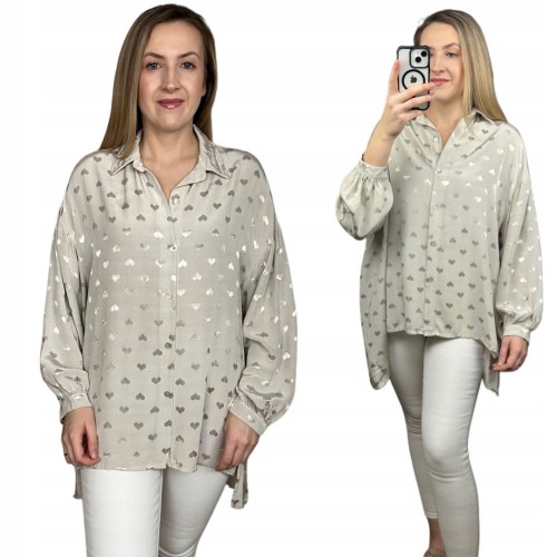 Luźna oversize koszula jedwabna jedwab serca serduszka dłuższa asymetryczna